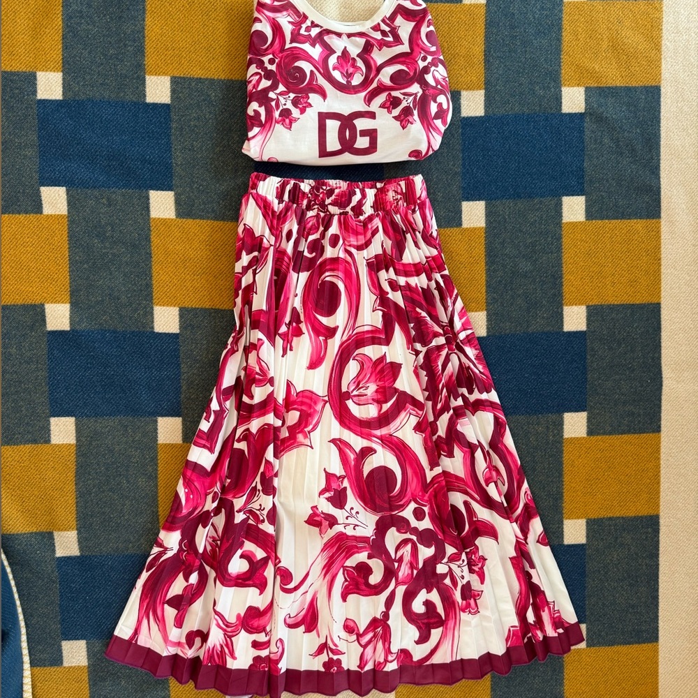 Dolce & Gabbana Iconic Pink and White Floral Skirt & Crop Shirt Set